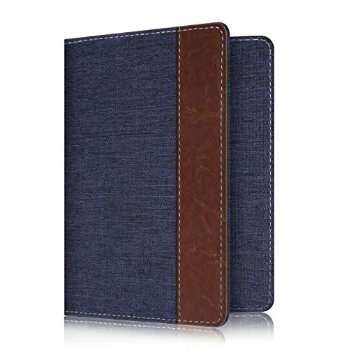 wallets for men with top zipper closure-Fintie Passport Holder Travel Wallet RFID Blocking PU Leather Card Case Cover, Denim Indigo/Brown