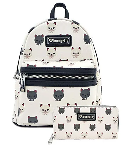 keychains for sports fans with team emblem-Loungefly Cat Print Faux Leather Mini Backpack and Wallet Set (Off White)