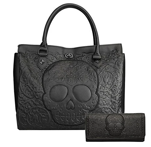 keychains for husbands with initials engraving-Loungefly Pebble Skull Big Purse and Matching Wallet Set (Black)