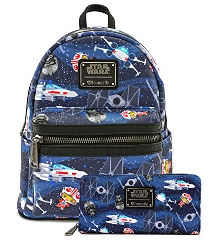 wallets for women with faux leather exterior-Loungefly Star Wars Chibi Ships Mini Backpack and Wallet Set (Multi)