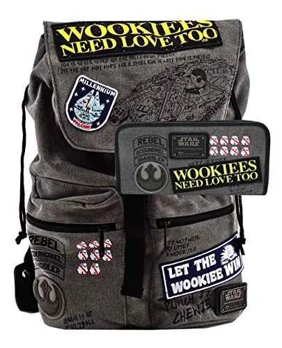 durable wallets for men with extra storage-Loungefly Star Wars Wookie Patch 17.5 Height Backpack and Wallet Set (Dark Grey)