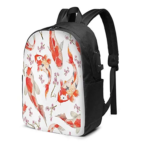 SSOIU Kio Fish Laptop Backpack With USB Charging Port,cherry blossom flower beautiful oriental asian sakura carp red Travel backpack