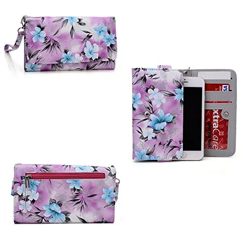 designer wallets for women with zipper closure-Phone Case Wallet- Hydrangea Blue- Removable Wristlet Strap Included- Universal Fit For Htc